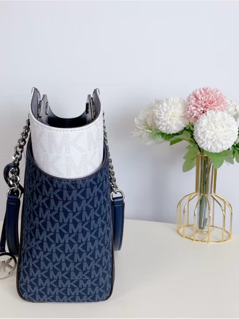 Michael Kors Navy & White MK Signature Crossbody Bucket Bag